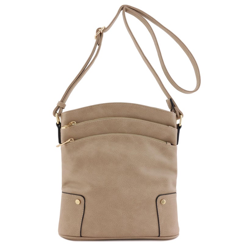 ALYSSA Triple Zip Pocket Large Crossbody Bag (Sand) - Image 2
